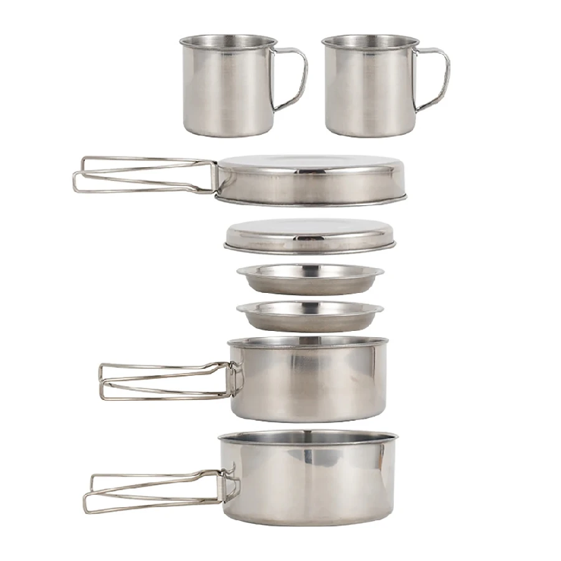 Camping Cooking Wok - 8 ชิ้น/เซ็ต ชุดเครื่องครัวสำหรับตั้งแคมป์ ชุดหม้อและกระทะสแตนเลส พร้อมจาน ถ้วย
