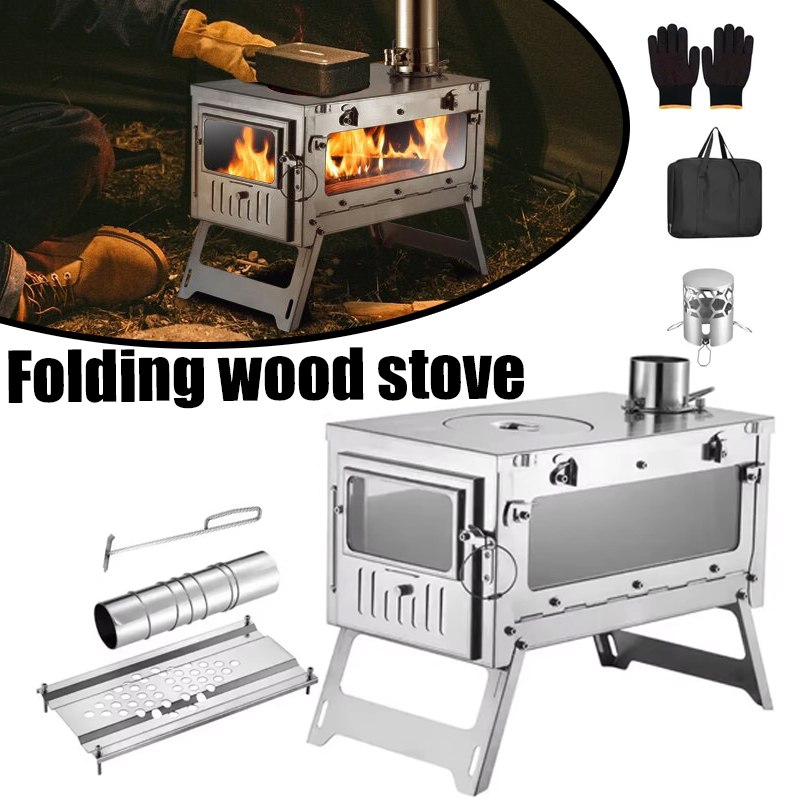 Camping Cooking Wood Stove - 430 สแตนเลสแบบพกพาเต็นท์เตาพับได้ด้านข้างแก้ว Chimney Burner Camping เตาไม้เครื่องทําความร้อนทําอาหารย่าง