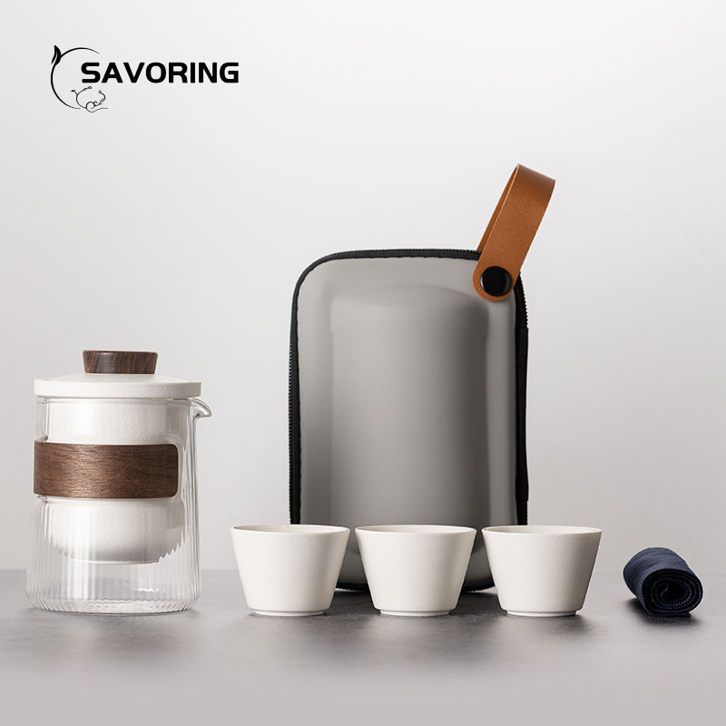 Camping Cooking Pan Set - Simple เซรามิคจีนชุดชา 1 หม้อ 3 ถ้วยพร้อมกระเป๋าเดินทางชุดชา