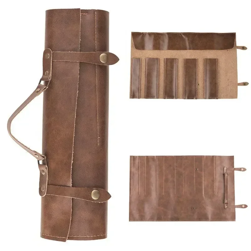 Camping Cooking Roll - หนังมีดเชฟกระเป๋าแบบพกพา 2 ชั้น Cowhide มีดเก็บกระเป๋าม้วนห้องครัว Camping