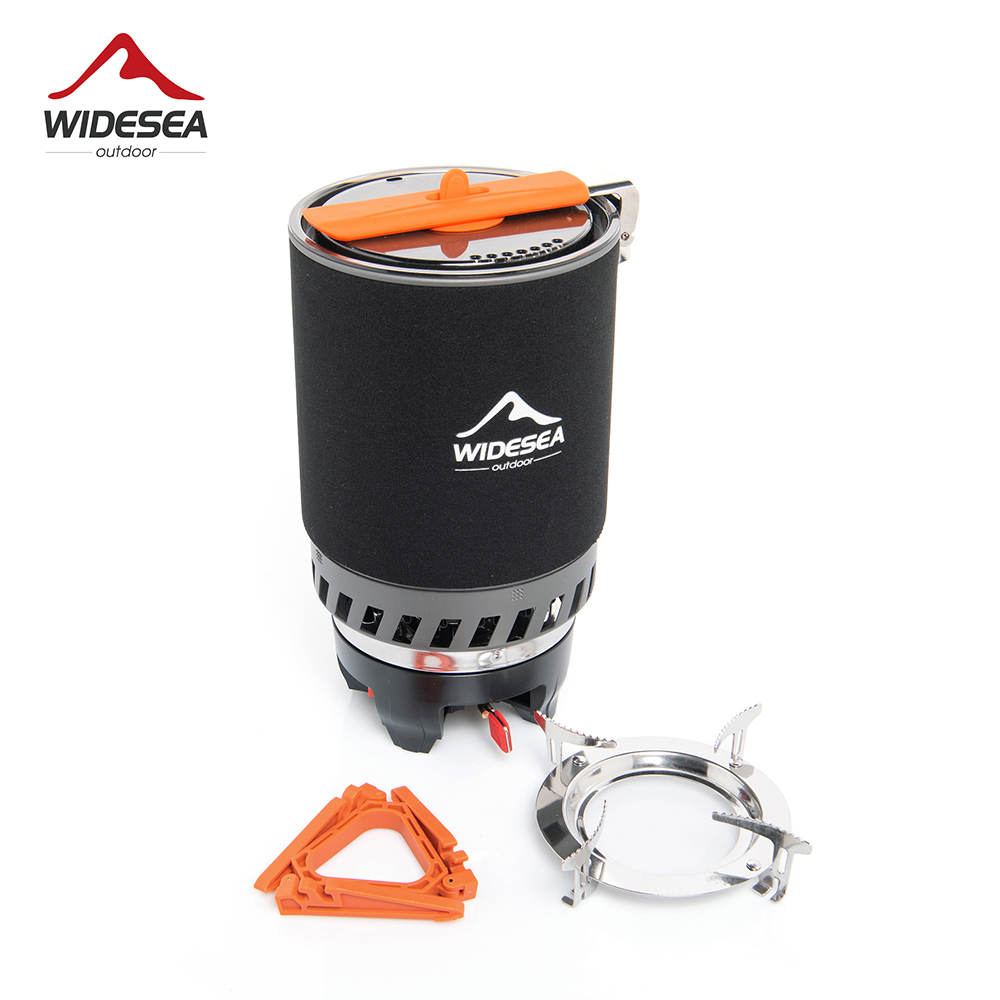 Camping Hiking Cooking - ชุดอุปกรณ์ทำอาหารสำหรับตั้งแคมป์ Widesea พร้อมเครื่องแลกเปลี่ยนความร้อน เตาแก๊สกลางแจ้ง ชุดหม้อสำหรับนักท่องเที่ยว ชุดถ้วย