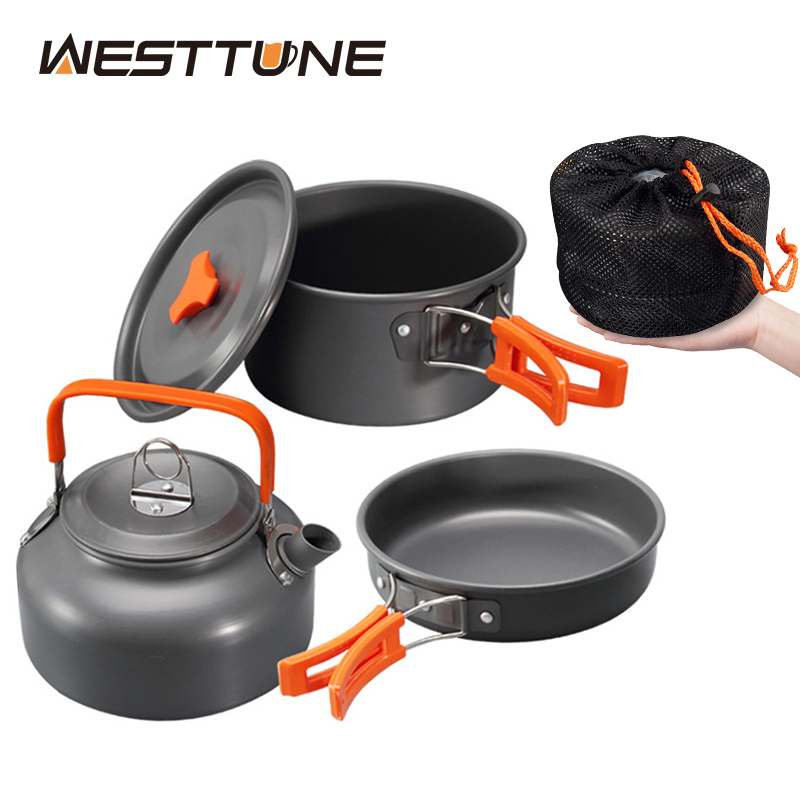Camping Hiking Cooking - WESTTUNE ชุดเครื่องครัวตั้งแคมป์อลูมิเนียมกลางแจ้งแบบพกพาชุดทําอาหารหม้อกาต้มน้ําสําหรับตั้งแคมป์บนโต๊ะอาหารเดินป่าปิคนิค 3 ชิ้น