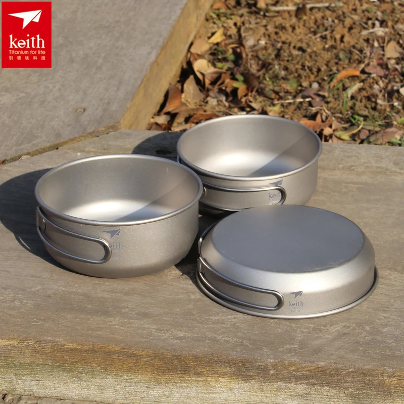 Camping Hiking Cooking - Keith 3PCS ไทเทเนียมเครื่องครัวกระทะชามชุดพับ Cook ชุดเดินทางกลางแจ้งการล่าสัตว์ตั้งแคมป์ชุดทําอาหาร Ti6053