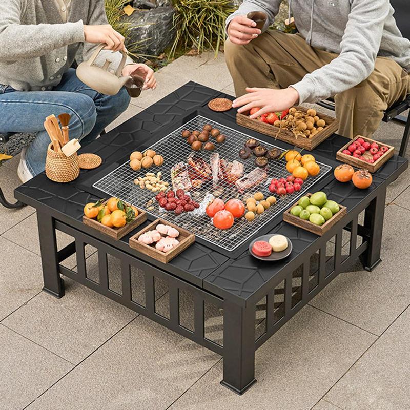 Camping Cooking Wood Stove - Camping เตาฟืน Square Fire Pits ย่างบาร์บีคิวฤดูหนาวเครื่องทําความร้อนเตากลางแจ้งถ่านเครื่องทําความร้อน