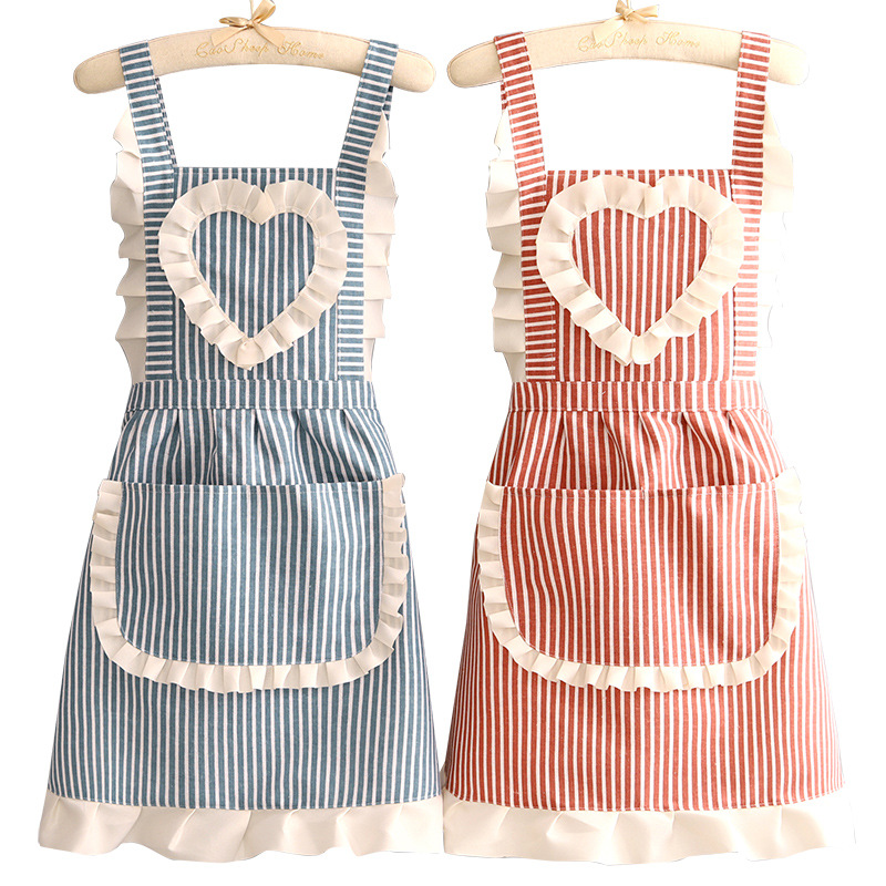 Camping Cooking Apron - ผ้ากันเปื้อนแบบมีระบายสำหรับผู้หญิง ผ้าฝ้ายลินินลายทาง ป้องกันสิ่งสกปรก ทนทานต่อการใช้งาน มีกระเป๋าขนาดใหญ่ เหมาะสำหรับทำอาหารในร้านอาหาร