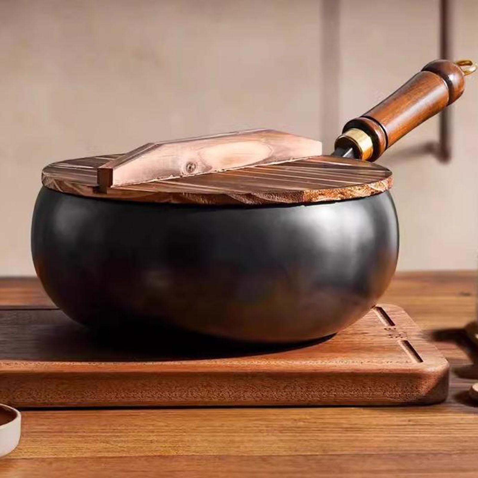 Camping Cooking Wok - ไม่เคลือบกระทะกระทะจีนฝาไม้เดือดพร้อมเครื่องครัวแก๊สทําอาหารกระทะด้านล่างแบนกระทะสําหรับโรงแรม Camping ร้านอาหาร