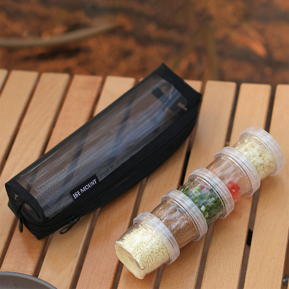 Camping Cooking Container - กระเป๋าเก็บชุดเครื่องเทศสำหรับแคมป์ปิ้งพร้อมขวดใสสำหรับใส่เครื่องปรุงรส 5 ขวด ชุดภาชนะใส่เครื่องเทศสำหรับปิกนิก ทำอาหาร ปิ้งย่าง