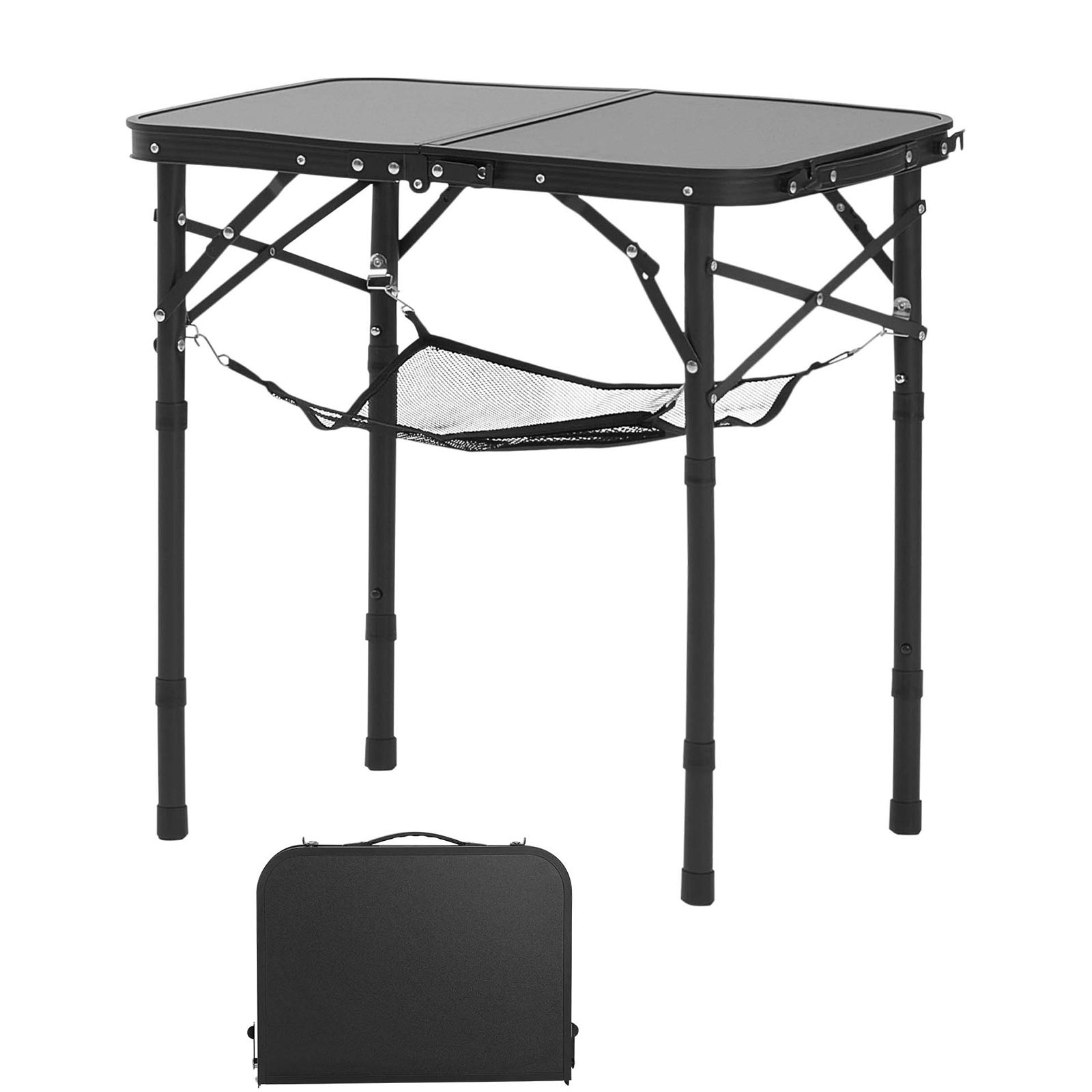 Camping Outdoor Cooking Table - โต๊ะพับสำหรับตั้งแคมป์ ปรับระดับความสูงได้ โต๊ะข้างพกพา โต๊ะชายหาดทำจากอะลูมิเนียมและไม้ MDF พร้อมชั้นตาข่าย