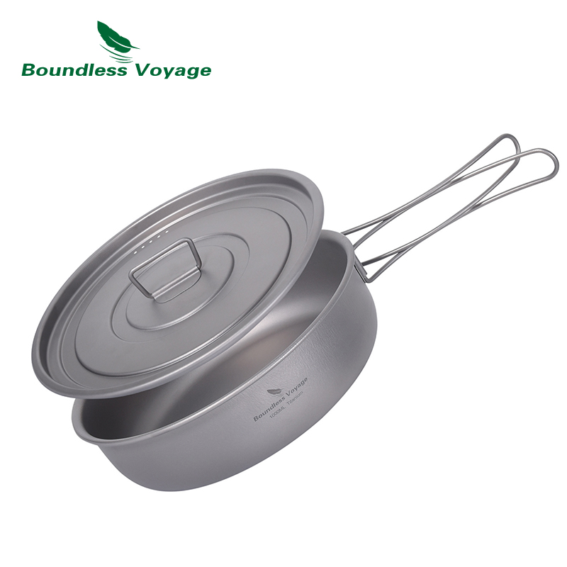 Camping Cooking Range - Boundless Voyage ไททาเนียมกระทะกับจับพับฝาปิดกลางแจ้ง Camping Skillet ชุดลึก