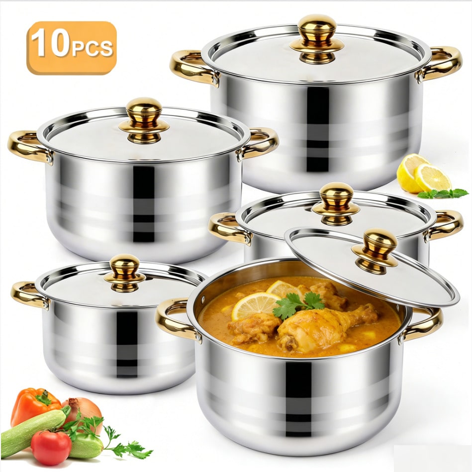 Camping Cooking Pan Set - ชุดหม้อสแตนเลสสตีล ชุดเครื่องครัวหรูหราทันสมัย ตัวหม้อสีเงิน ด้ามจับสีทอง ชุด 10