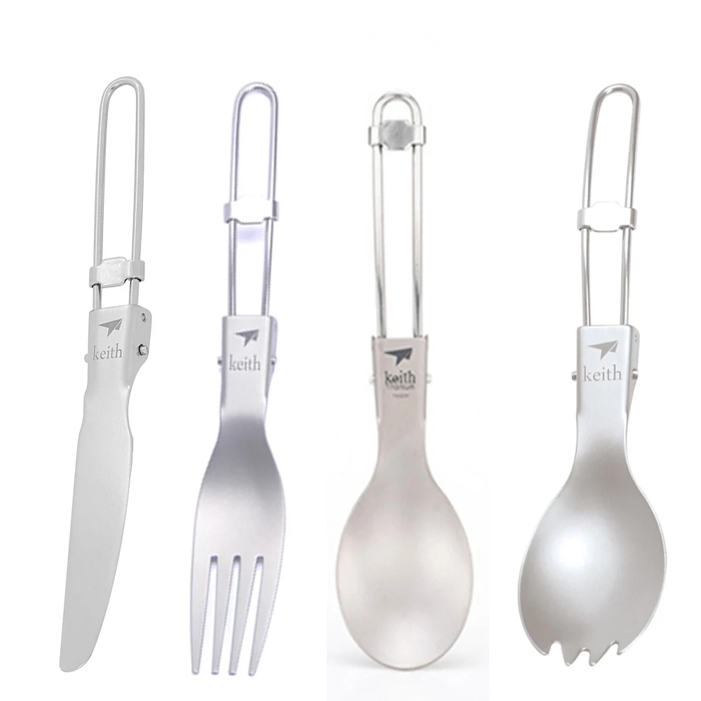 Camping Cooking Kits - Keith กลางแจ้งไทเทเนียมพับช้อน Spork มีดชุดส้อมพับได้ Camping ช้อนส้อม