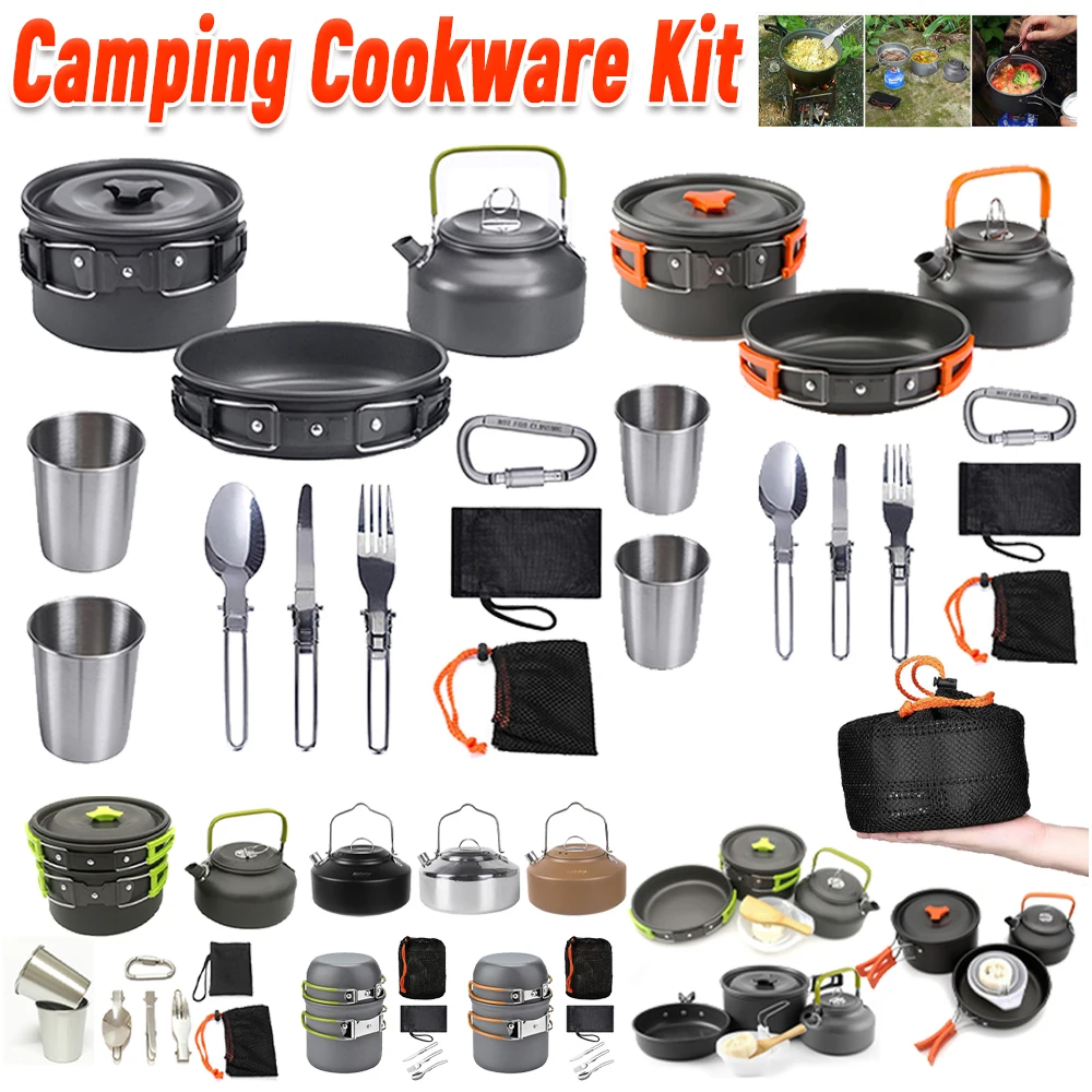 Camping Hiking Cooking - ชุดเครื่องครัวสำหรับตั้งแคมป์ กาต้มน้ำ หม้อ กระทะ ชุดเครื่องครัวแบบพกพา น้ำหนักเบา
