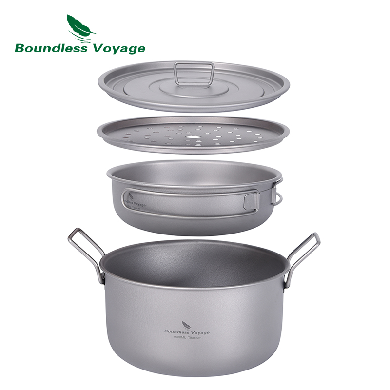 Camping Cooking Wok - อย่างไร้ขอบเขตการเดินทางหม้ออาหารแคมป์ปิ้งหม้อไอน้ำไทเทเนียมอเนกประสงค์พร้อมฝาปิดชุดรับประทานกลางแจ้ง Ti2057C